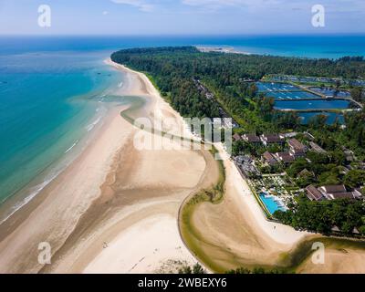 Drone view of tropical 'Memories Beach' in Khao Lak, Thailand at low tide Stock Photo