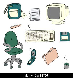 A set of vector illustrations in cartoon style. Workplace, home office. Retro items for work Stock Vector