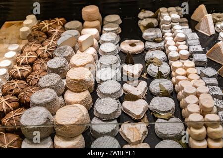 Traditional French cheese sold at Les Halles de Lyon Paul Bocuse, built in 1971 in the 3rd arrondissement of Lyon, Auvergne-Rhone-Alpes, France. Stock Photo