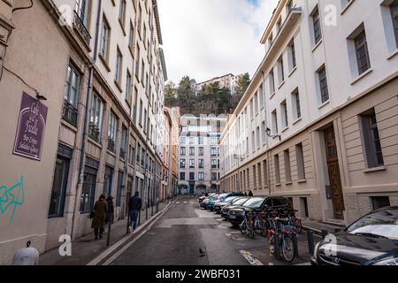 Lyon, France - January 30, 2022: Street view and buildings in the old town of Lyon (Vieux Lyon), France. Stock Photo