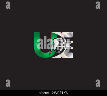 UE letter Logo Design Green or Silver Color Creative Technology Electric Energy logo Stock Vector