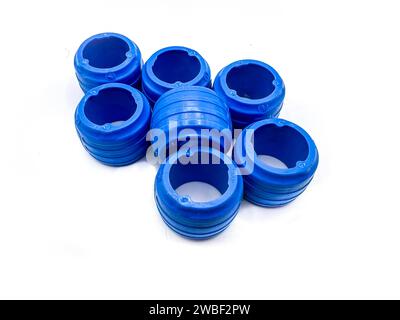 Blue hydraulic and pneumatic O-rings isolated on white background. PEX rings. Sealing gaskets for hydraulic seals. Rubber sealing gaskets for plumbing Stock Photo