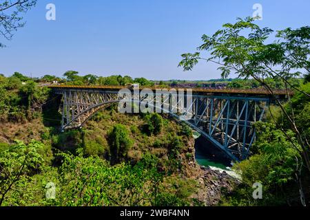 Zimbabwe, Matabeleland North province, Zambezi River at Victoria Falls, listed as UNESCO World Heritage, the border bridge between Zambia and Zimbabwe Stock Photo