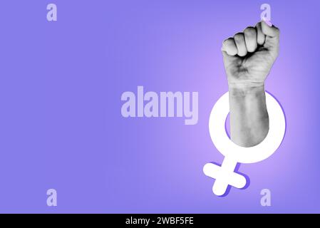 Collage hand raised with female symbol vector illustration Stock Vector