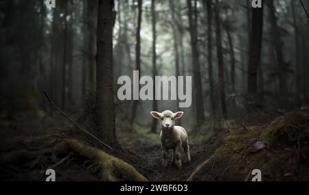 Lost little lamb in the forest at night. Lamb of God. Little lamb standing in the mud in the the forest. Stock Photo