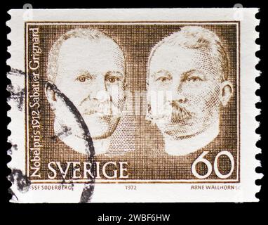 MOSCOW, RUSSIA - DECEMBER 17, 2023: Postage stamp printed in Sweden shows Paul Sabatier and Victor Grignard (chemistry), Nobel Prize Winners 1912 seri Stock Photo