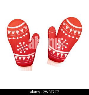 Cute red mittens, winter accessory, knitted gloves with snowflake decoration in cartoon style isolated on white background. Vector illustration Stock Vector