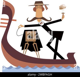 Funny photographer riding a gondola.  Long mustache gondolier with a retro camera in gondola making a shot. Isolated on white background Stock Vector