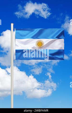 The flag of Argentina. The capital is Buenos Aires. The national currency is the Argentine peso. Argentina is a federal republic, studio Stock Photo