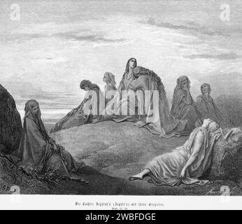 The daughter of Jephta with her playmates, Book of Judges, chapter 11, group of woman, lying, exhausted, mourning, sacrifice, father, Bible, Old Stock Photo