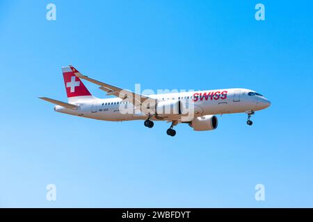Boryspil, Ukraine - August 27, 2019: Airplane Airbus A220 (HB-JCO) of Swiss Airlines is landing at Boryspil International Airport Stock Photo