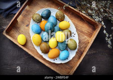 Stylish Easter table setting. Natural egg , modern plate. Easter table decoration . ,. Stock Photo