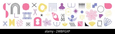 Memphis design set of geometric figures and brutal primitive elements, vector collection of brutalist swiss design abstract forms, color flat and line Stock Vector