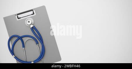 Blue stethoscope and document folder on white background. Medical equipment, healthcare concept top view. Stock Photo