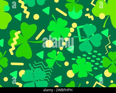 Seamless pattern with clover and geometric shapes in 80s Memphis style. St. Patrick's Day background with green four-leaf and three-leaf clovers for g Stock Vector
