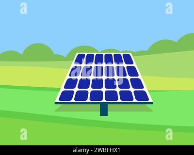 Solar panel on a green field. Landscape with a solar panel. Renewable energy, production of environmentally friendly electricity. Design of advertisin Stock Vector