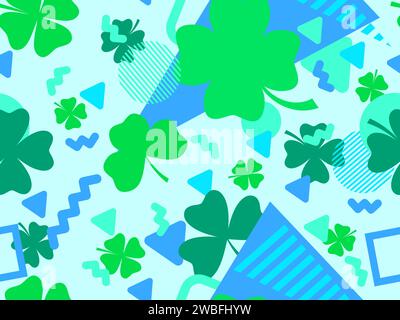 Seamless pattern with clover and geometric shapes in 80s Memphis style. St. Patrick's Day background with green four-leaf and three-leaf clovers for g Stock Vector