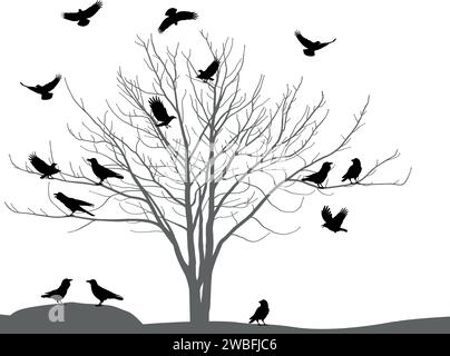 Silhouettes of ravens and crows on tree Stock Vector