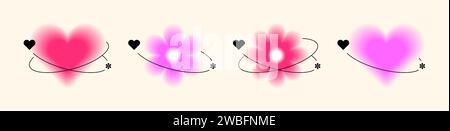 Y2k aesthetic trendy hearts and flowers with blur. Aura around shapes with gradient gradation. Collection of cute vector forms on a light background. Stock Vector