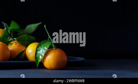 Bunch of fresh mandarins or tangerines lying on the table against dark backdrop Stock Photo