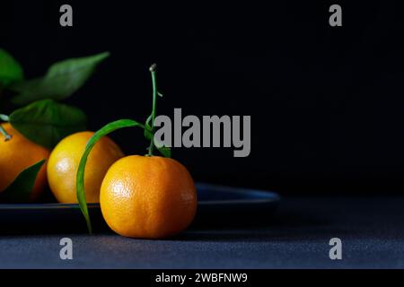Bunch of fresh mandarins or tangerines lying on the table against dark backdrop Stock Photo