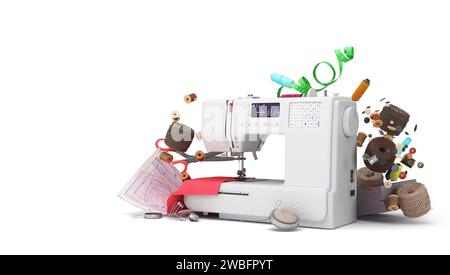 New sewing machine and accessories 3d render on white background Stock Photo