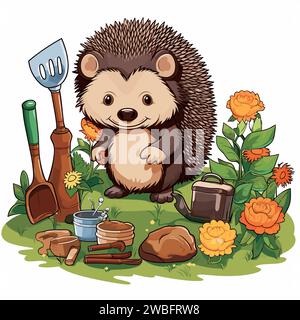 Hedgehog gardening on White Background Stock Vector