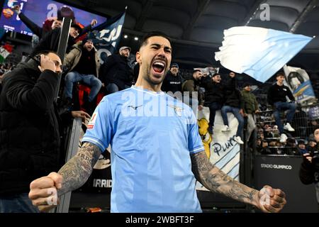 Rome, Italy. 10th Jan, 2024. Mattia Zaccagni of SS Lazio celebrates at the end of the Italy cup football match between SS Lazio and AS Roma at Olimpico stadium in Rome (Italy), January 10th, 2024. Credit: Insidefoto di andrea staccioli/Alamy Live News Stock Photo