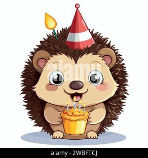 Hedgehog celebrating birthday on White Background Stock Vector