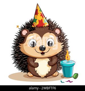 Hedgehog celebrating birthday on White Background Stock Vector
