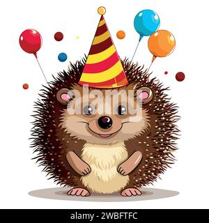 Hedgehog celebrating birthday on White Background Stock Vector