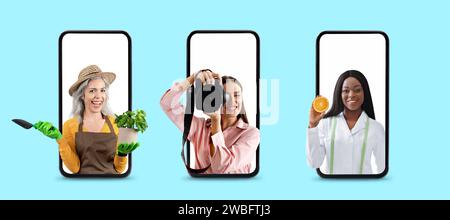 Creative Collage With People Of Different Professions Looking Out Of Smartphones Stock Photo