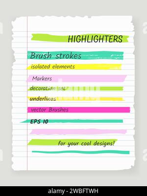 Neon various highlight brush strokes set. isolated elements. Stock Vector