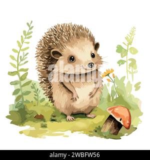 watercolor Hedgehog on jungle on White Background Stock Vector