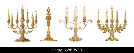 Set of Vintage gold candles in candlesticks. Stock Vector