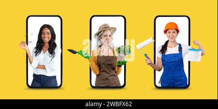Women working in different spheres peeping out smartphone screens on yellow background Stock Photo