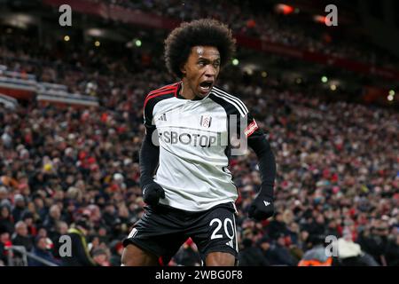 Liverpool, UK. 10th Jan, 2024. Willian of Fulham celebrates after scoring his teams 1st goal. Carabao Cup, EFL Cup, semi final 1st leg match, Liverpool v Fulham at Anfield in Liverpool on Wednesday 10th January 2024. this image may only be used for Editorial purposes. Editorial use only. pic by Chris Stading/Andrew Orchard sports photography/Alamy Live news Credit: Andrew Orchard sports photography/Alamy Live News Stock Photo