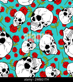 Skull with rose pattern seamless. Skeleton head and flower background Stock Vector