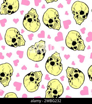 Skull with love pattern seamless. Skeleton head and Heart background Stock Vector