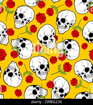 Skull with rose pattern seamless. Skeleton head and flower background Stock Vector