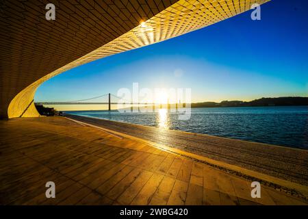 Lisbon, Portugal. Early morning by the Targus riverside as seen from the terrace of MAAT museum. Stock Photo