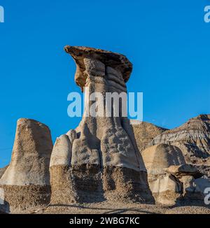 Sandstone pillars with rock caps, Willow Creek Hoodoos Drumheller Alberta Canada Stock Photo