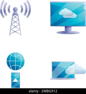 Wireless communication icons set cartoon vector. Various communication device. Transfer and storage data Stock Vector