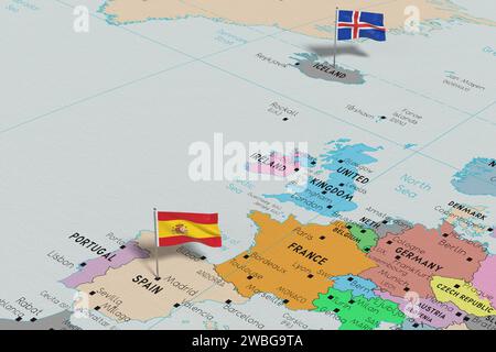 Spain and Iceland - pin flags on political map - 3D illustration Stock Photo