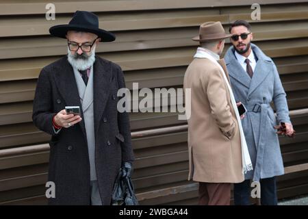Florence, Firenze, Italy. 10th Jan, 2024. On January 9-12, 2024, an exibition of mans fashion take place in Florence, Italy. Buyers and Fashionistas from all over the world filled the Fortezza da Basso fortress of Florence. (Credit Image: © Marina Takimoto/ZUMA Press Wire) EDITORIAL USAGE ONLY! Not for Commercial USAGE! Stock Photo