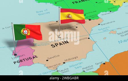 Spain and Portugal - pin flags on political map - 3D illustration Stock Photo