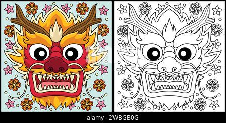 Year of the Dragon Face Coloring Page Illustration Stock Vector