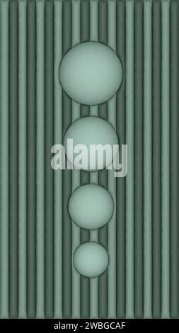 Dark turquoise and light turquoise bulging stripes in the background and light 3D circles in their background. 3D illustration. Phone wallpaper. Stock Photo