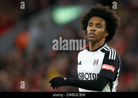 Liverpool, UK. 10th Jan, 2024. Willian of Fulham looks on. Carabao Cup, EFL Cup, semi final 1st leg match, Liverpool v Fulham at Anfield in Liverpool on Wednesday 10th January 2024. this image may only be used for Editorial purposes. Editorial use only. pic by Chris Stading/Andrew Orchard sports photography/Alamy Live news Credit: Andrew Orchard sports photography/Alamy Live News Stock Photo