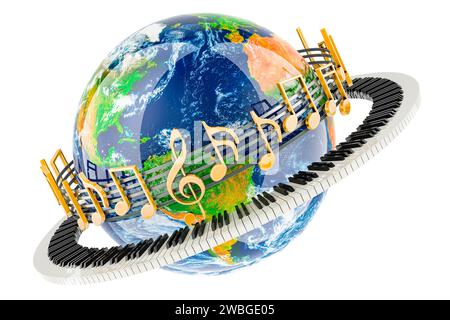 Earth Globe with piano keyboard around, music concept. 3D